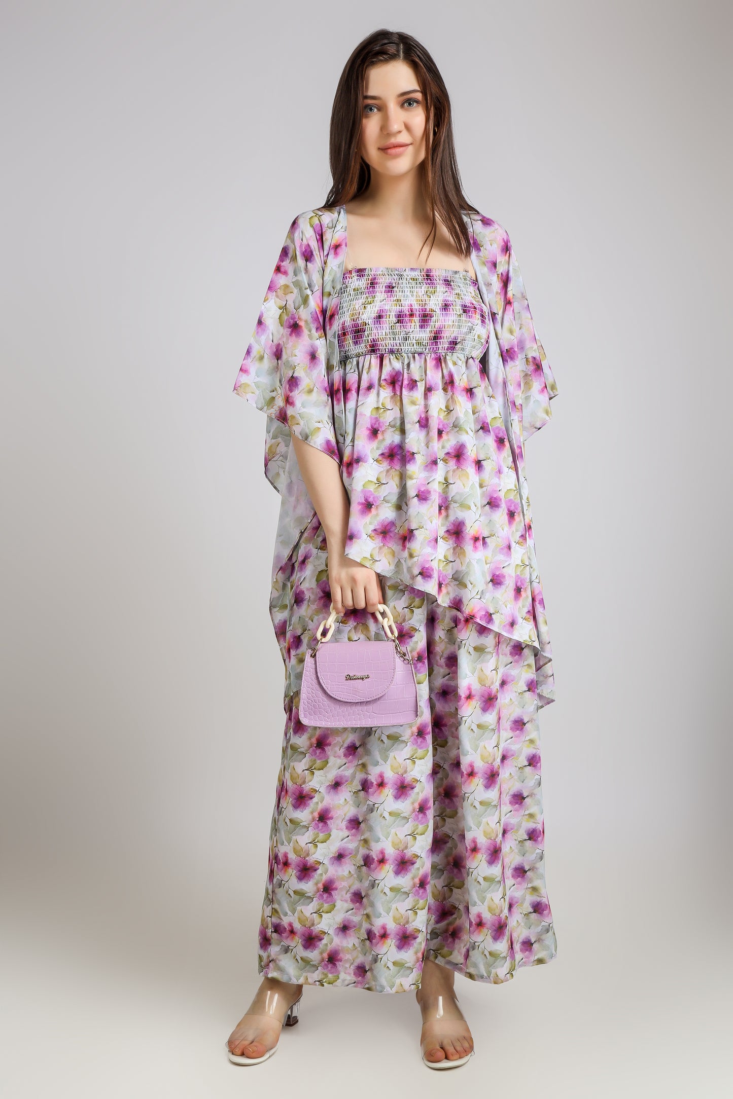 Vomendi Floral Tie and Dye Print Co-ord Set with Smocking Asymmetrical Tube Top, Pants and Shrug