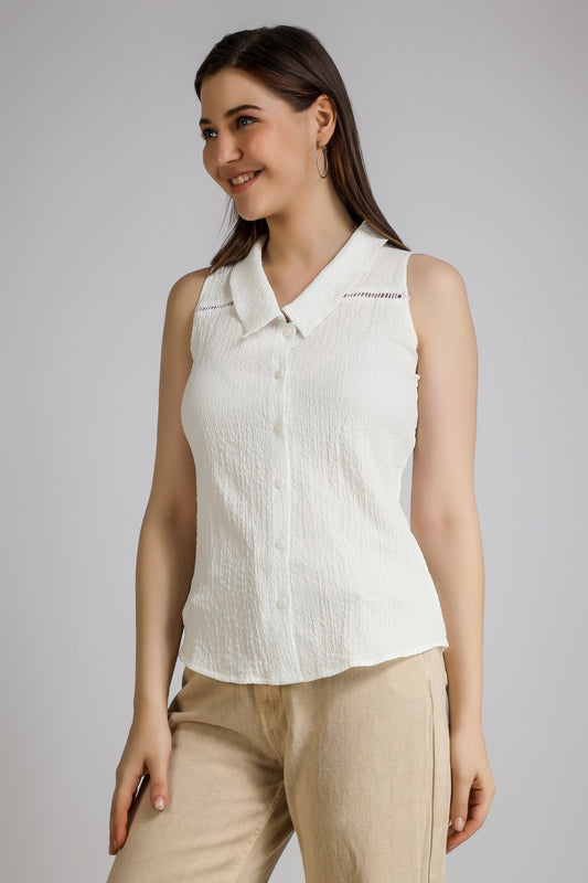 Vomendi White Cut Sleeves Top with Lace
