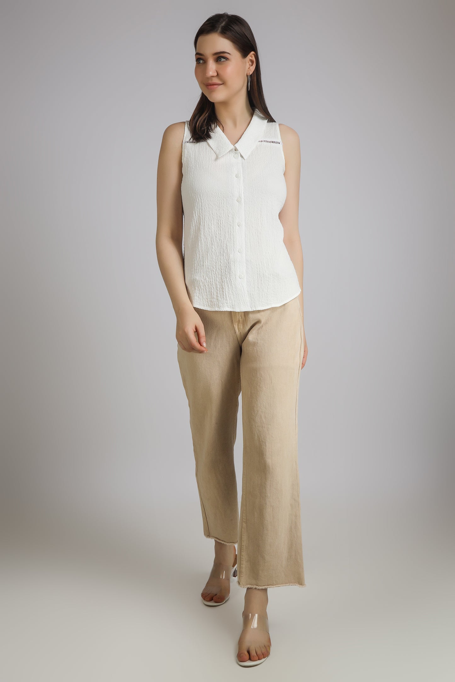 Vomendi White Cut Sleeves Top with Lace