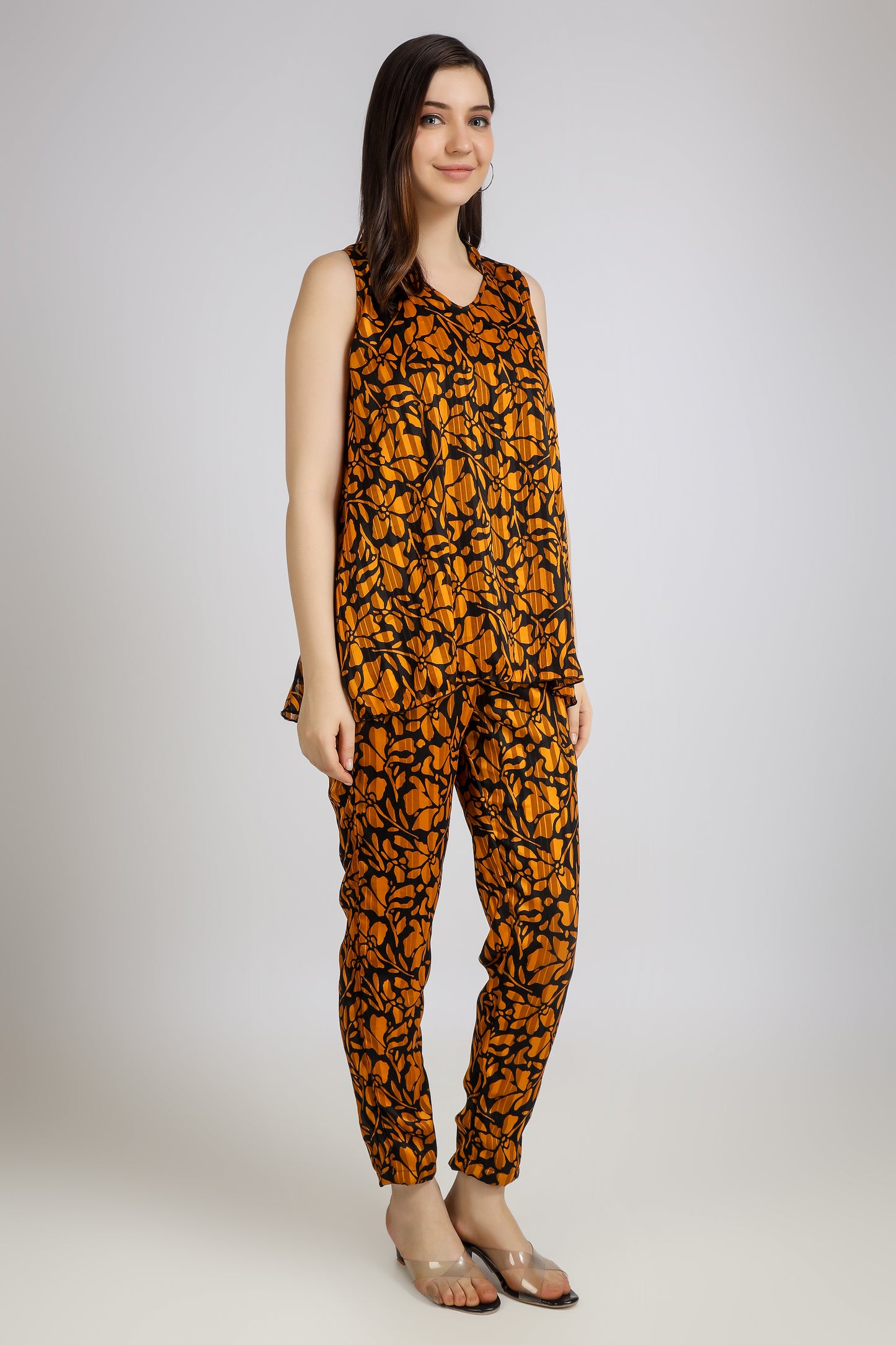 Vomendi Black and Musturd Co-ord Set with Band Neck and Easy Breezy Silhouette