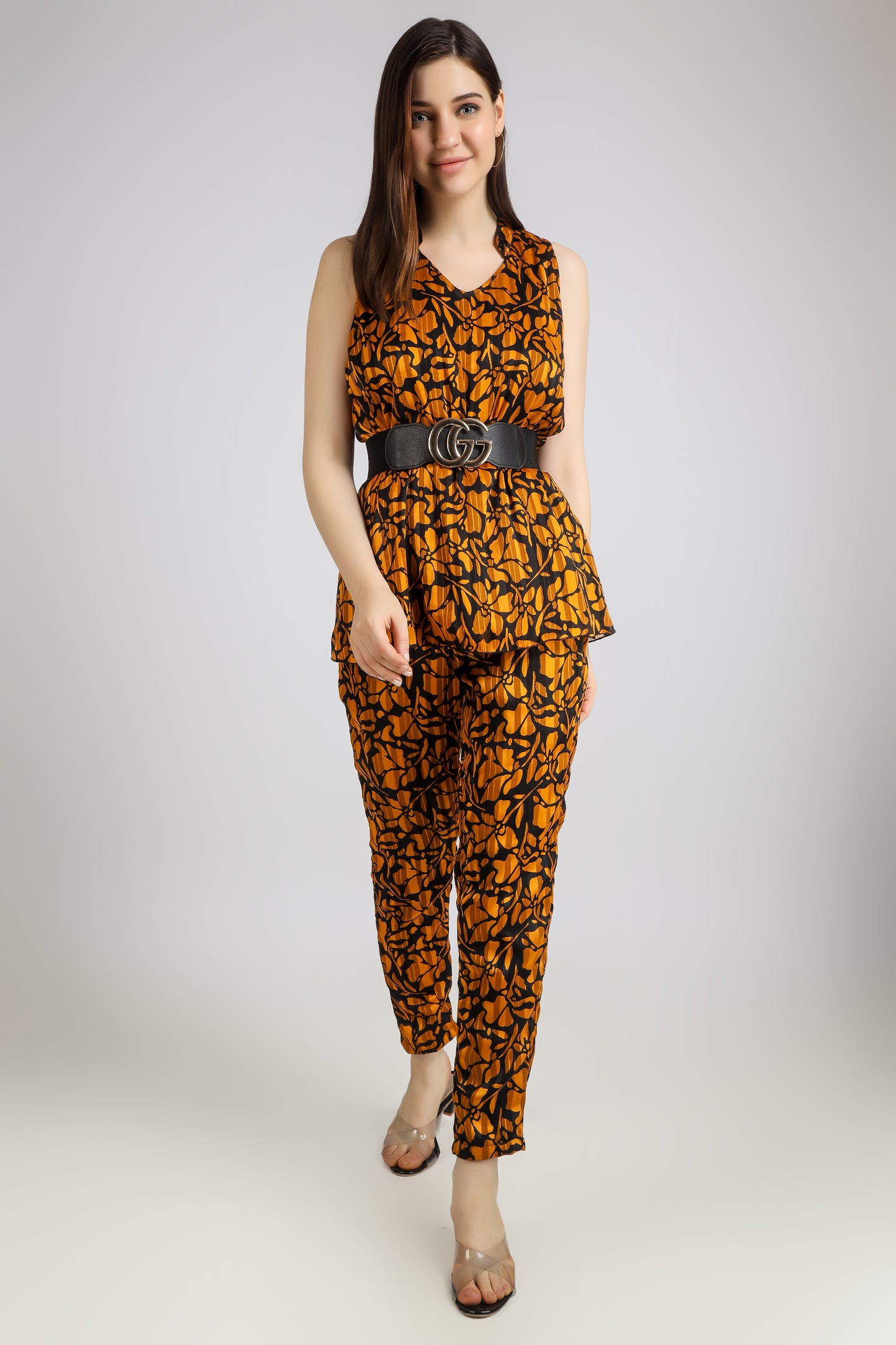 Vomendi Black and Musturd Co-ord Set with Band Neck and Easy Breezy Silhouette