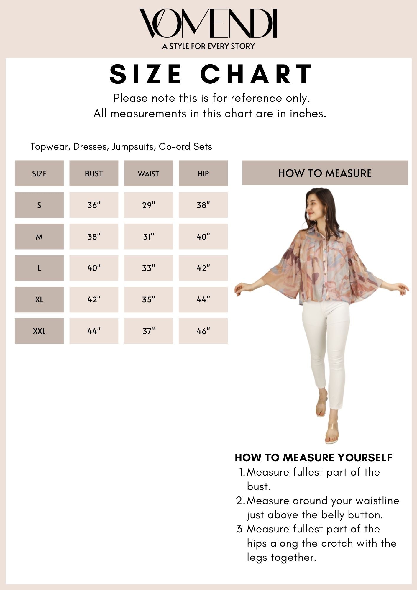 Vomendi Abstract Print Top with Box Pleat; Size Chart
