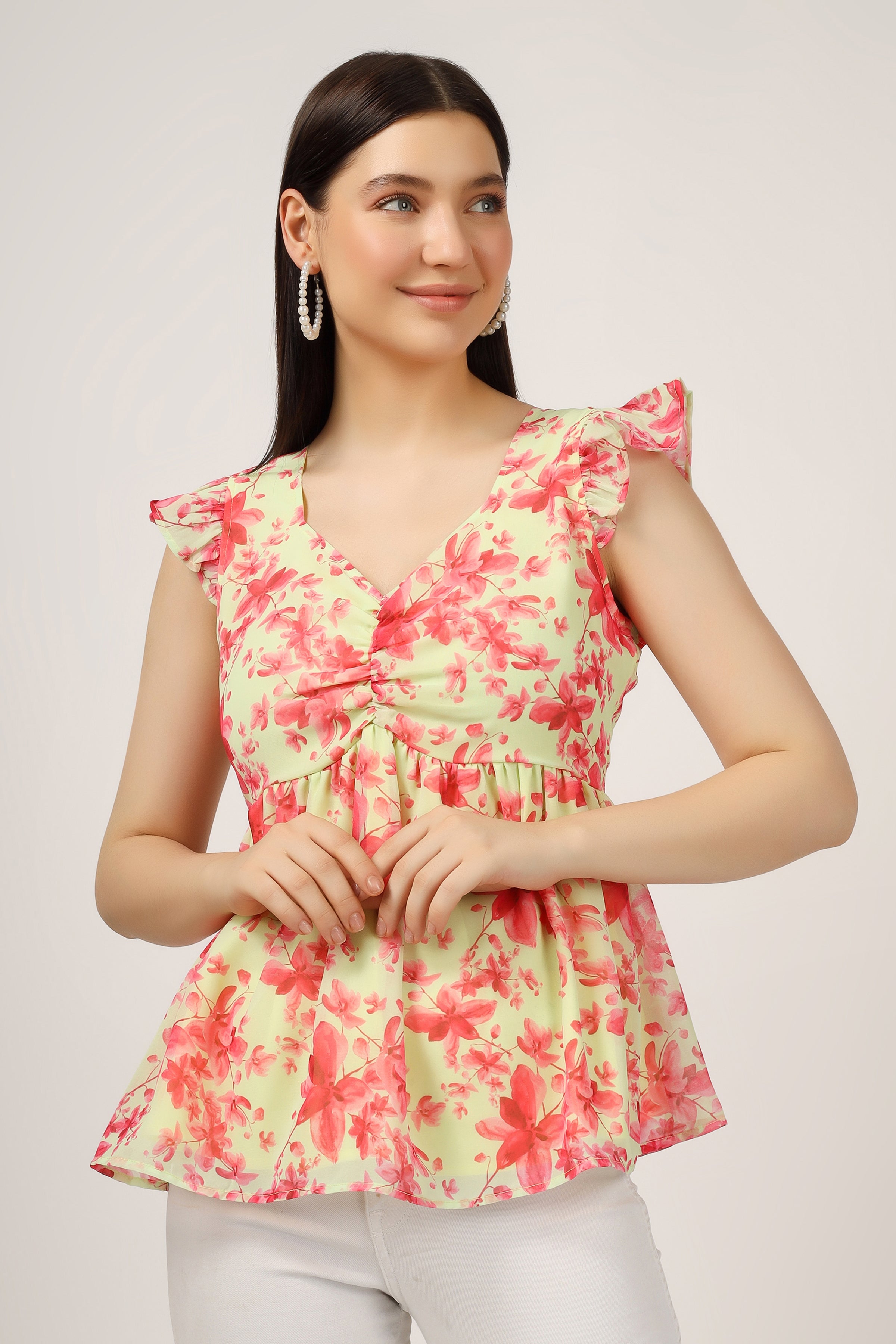 Vomendi Floral Print Peplum Top with Frill Cap Sleeves VOMENDI