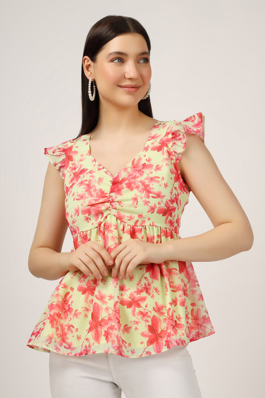 Vomendi Floral Print Peplum Top with Frill Cap Sleeves