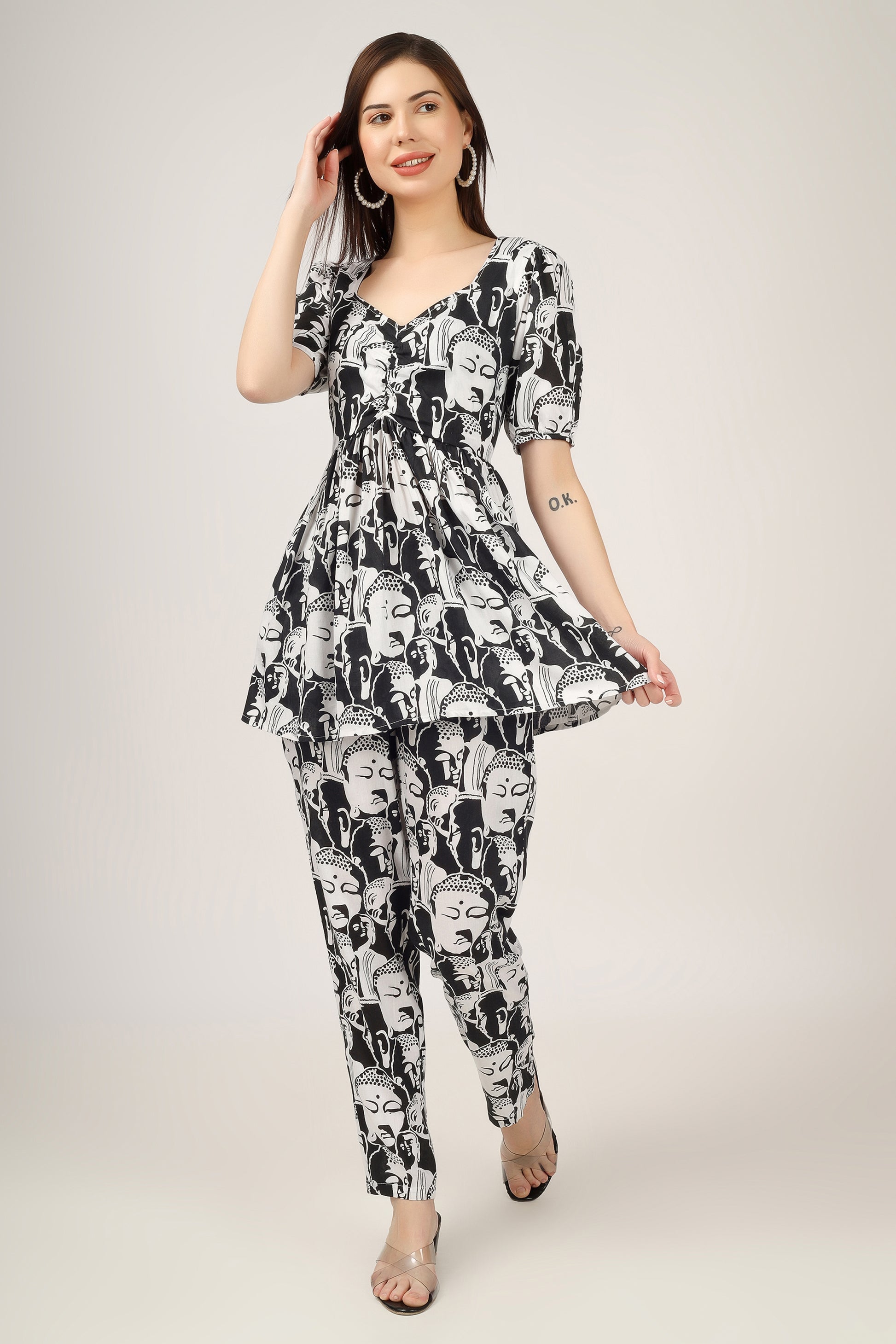 Vomendi Abstract Print Co-ord Set with Peplum Upper and Narrow Fit Trousers