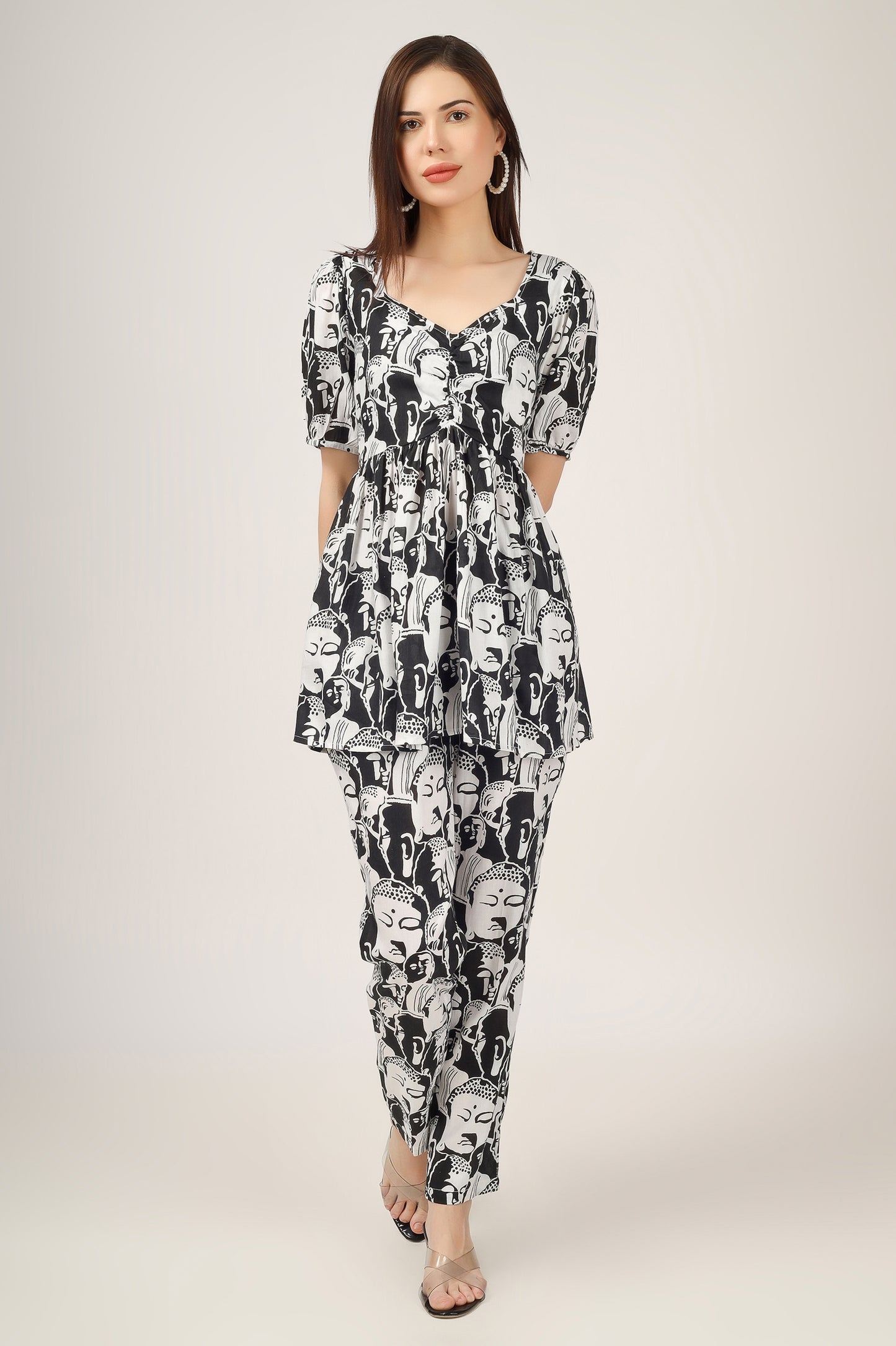 Vomendi Abstract Print Co-ord Set with Peplum Upper and Narrow Fit Trousers
