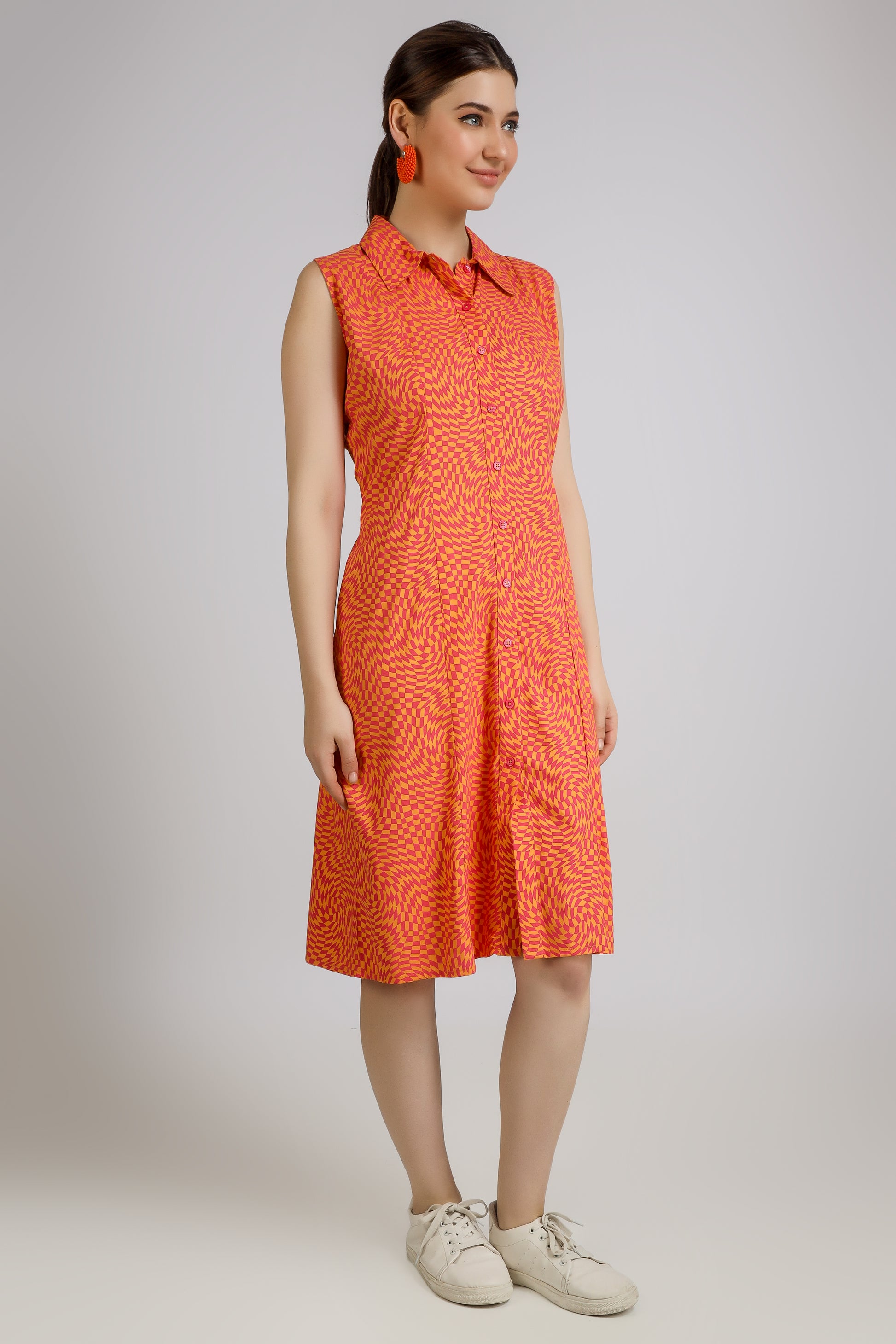 orange collared dress Vomendi Red-Orange Abstract Print Dress with Collar VOMENDI