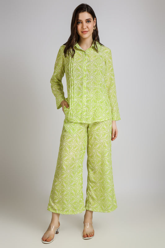 Vomendi Line Green Co-ord Set with Shirt Collar and Pants