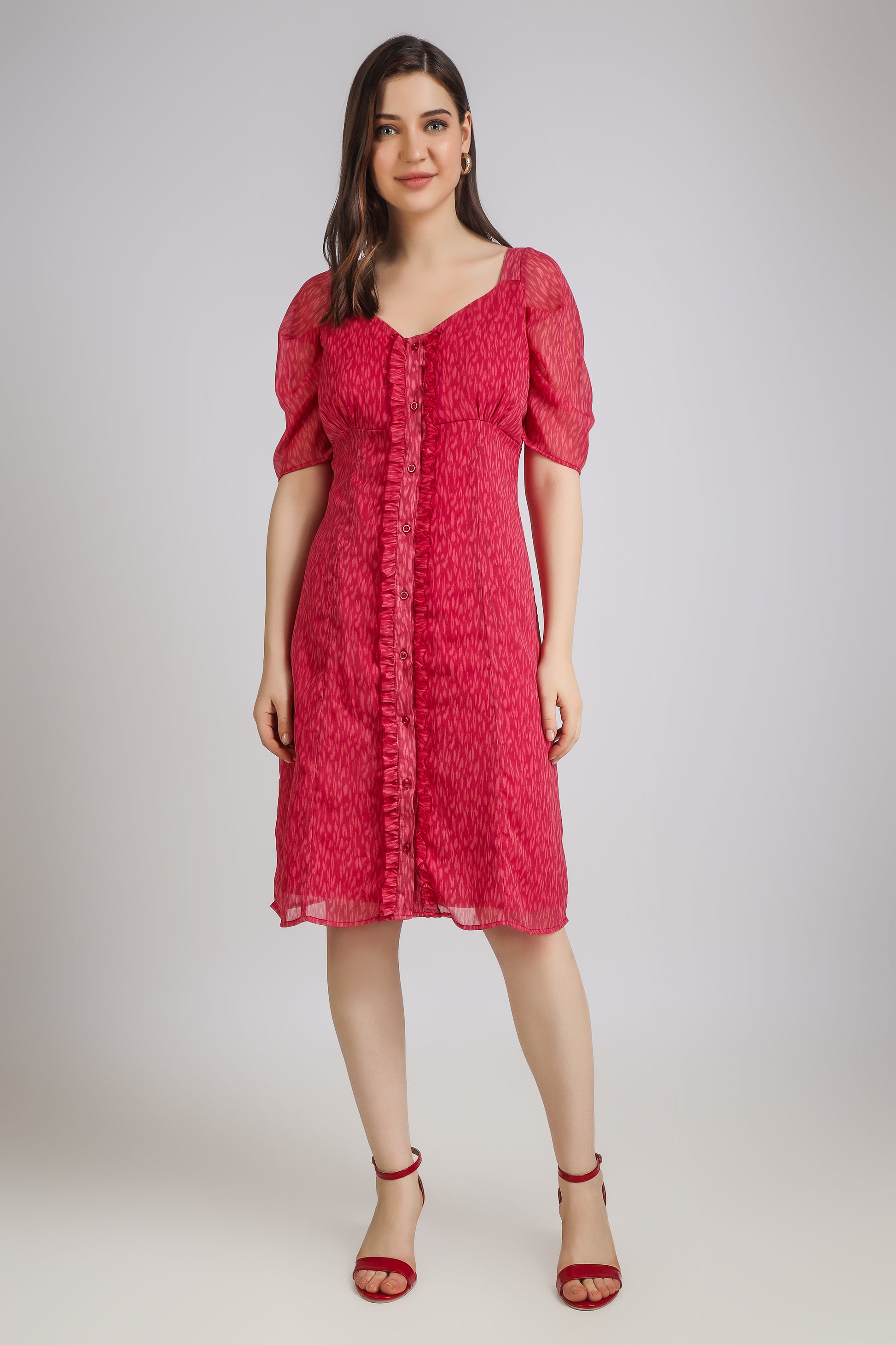 VOMENDI Brink Pink Dress with Frill on Placket