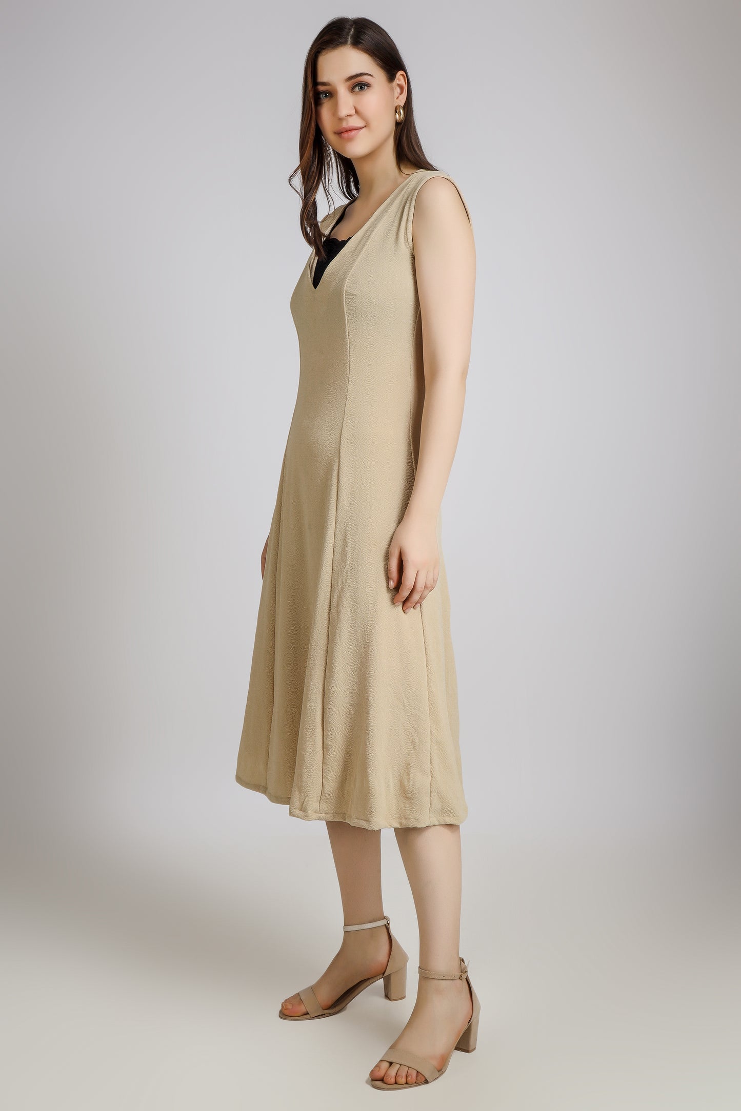 Vomendi Beige Bodycon Dress with Princess Seam and Cut Sleeves