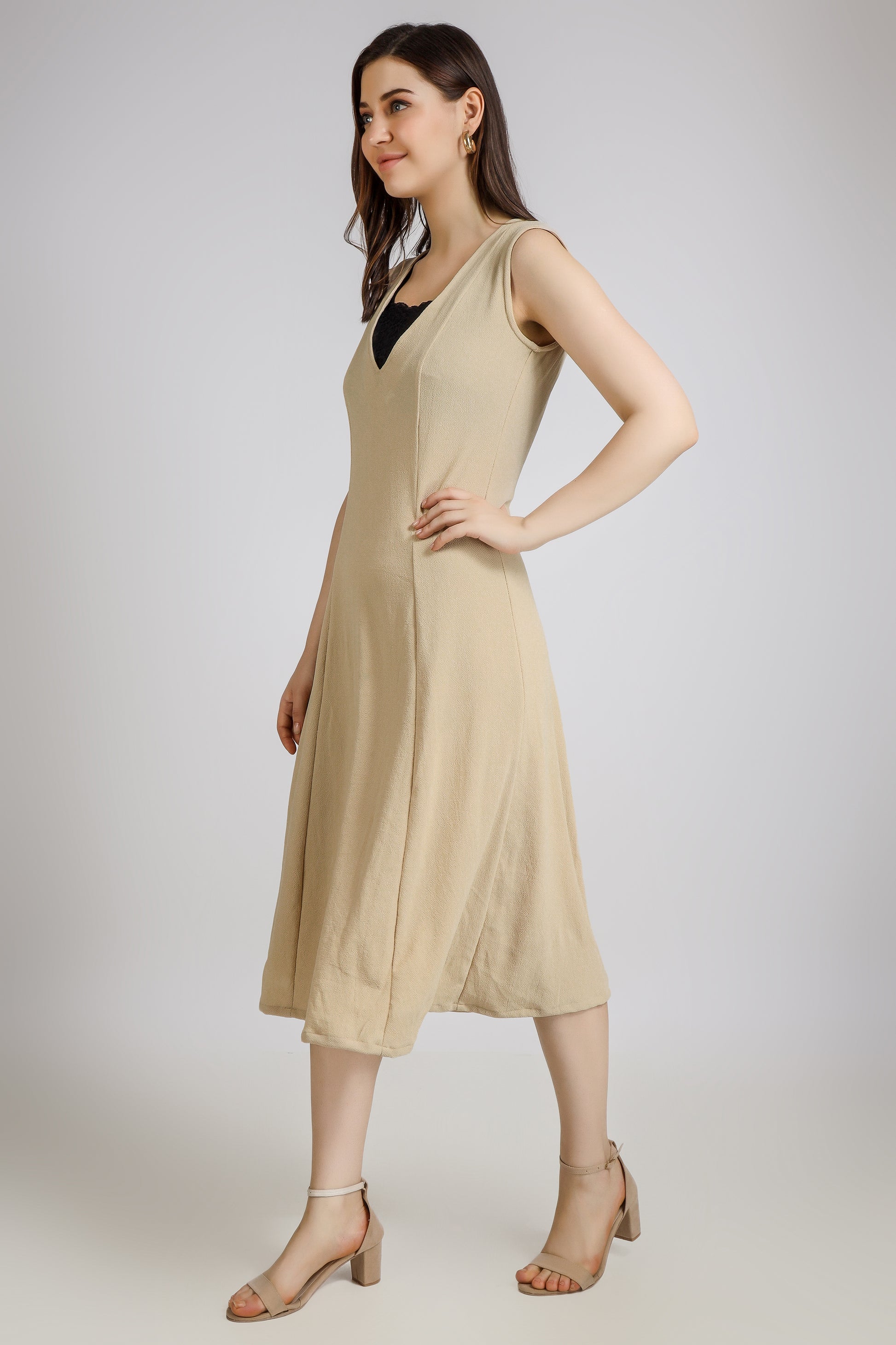 Vomendi Beige Bodycon Dress with Princess Seam and Cut Sleeves