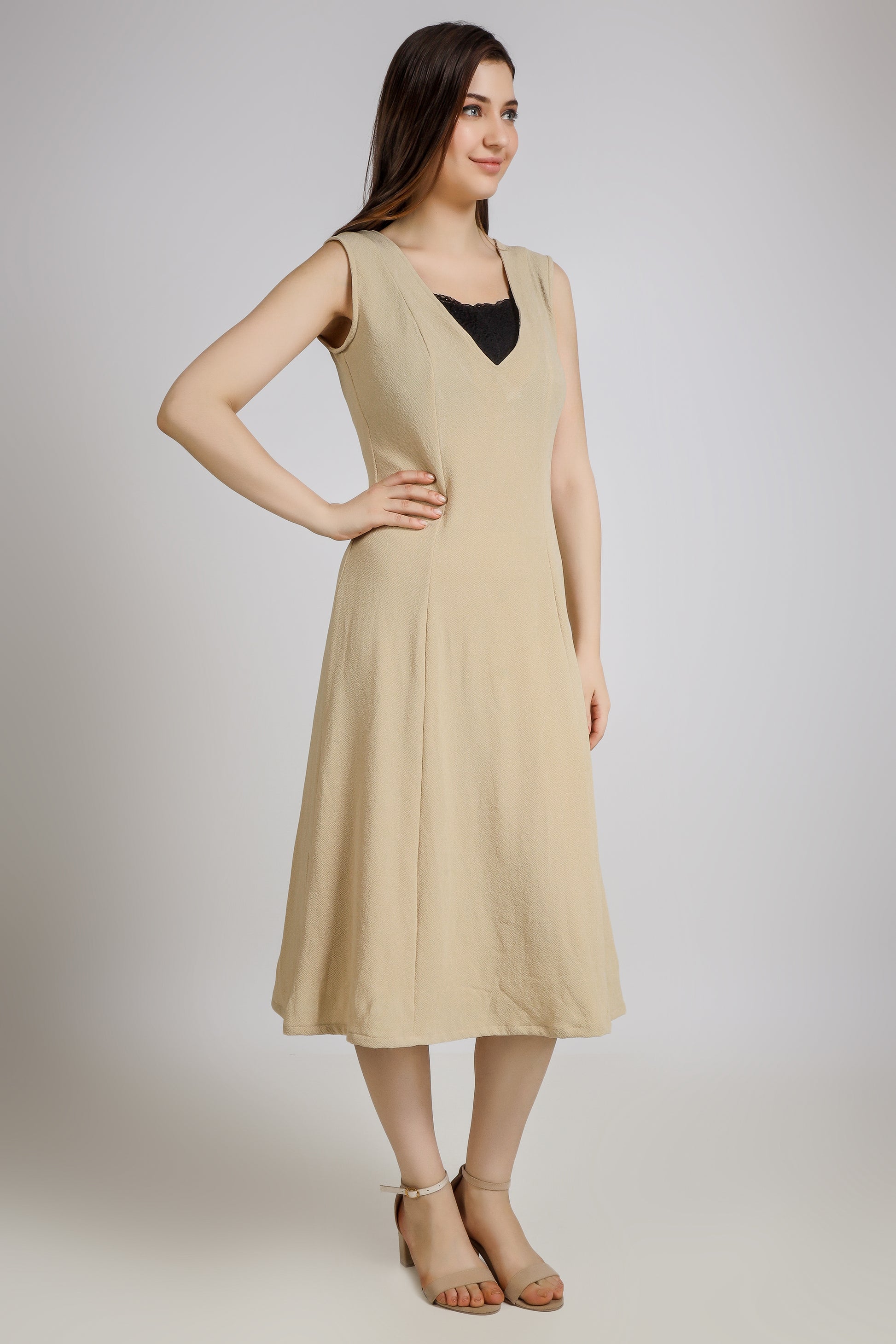 Vomendi Beige Bodycon Dress with Princess Seam and Cut Sleeves