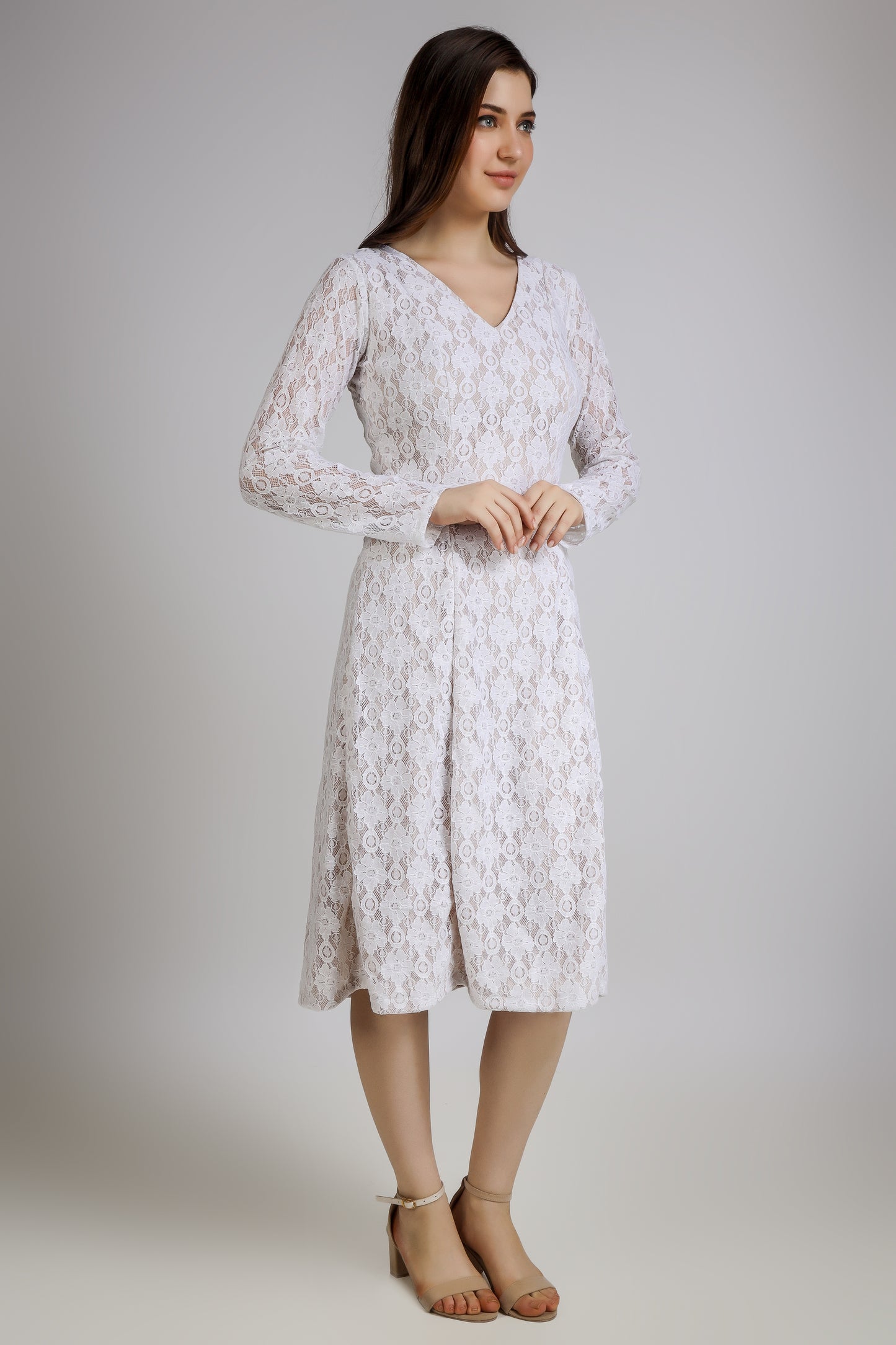 Vomendi White Lace Work Bodycon Dress with Princess Seam and Full  Sleeves