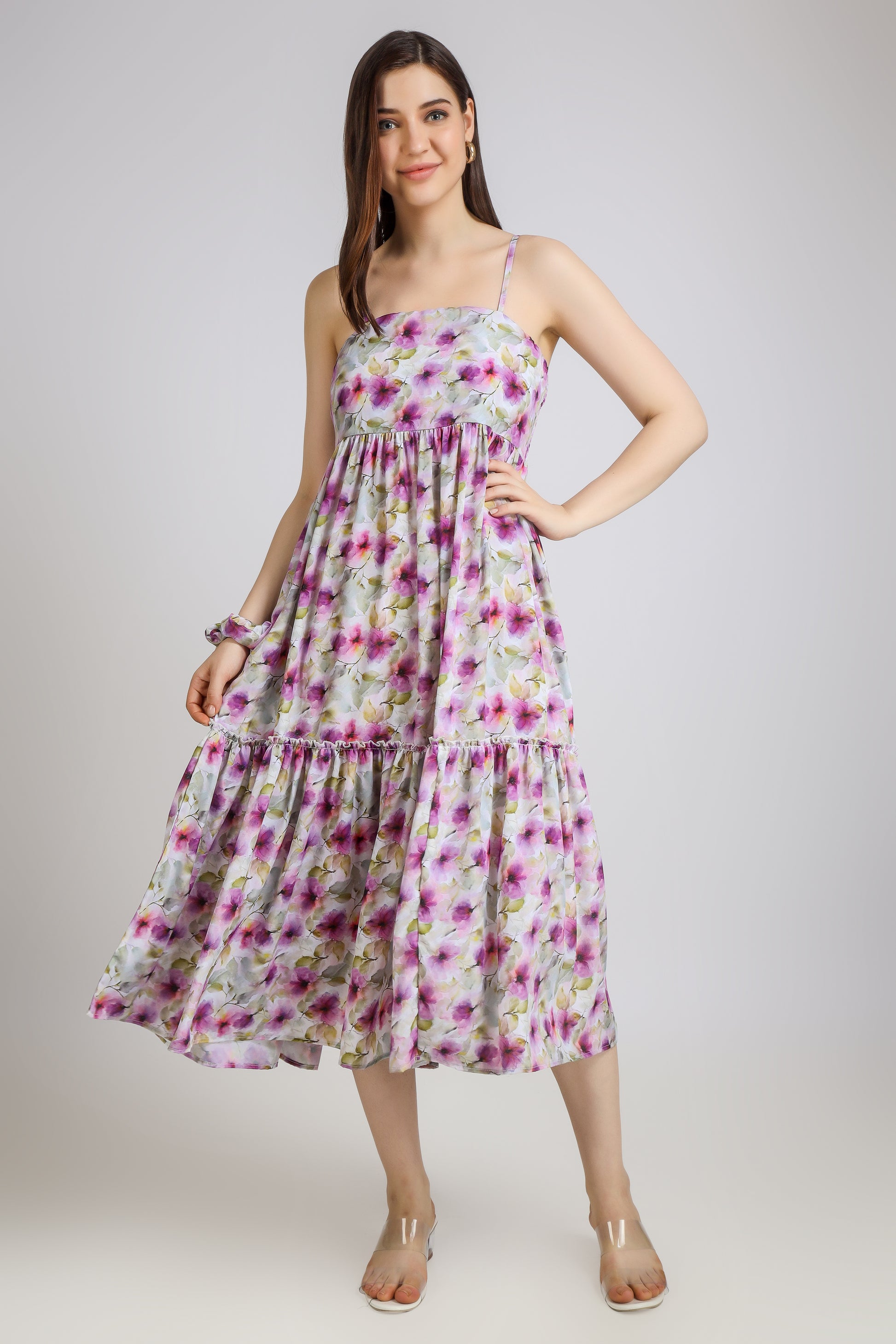 Vomendi Floral Tie and Dye Print Dress with Smocking and Detachable Sleeves