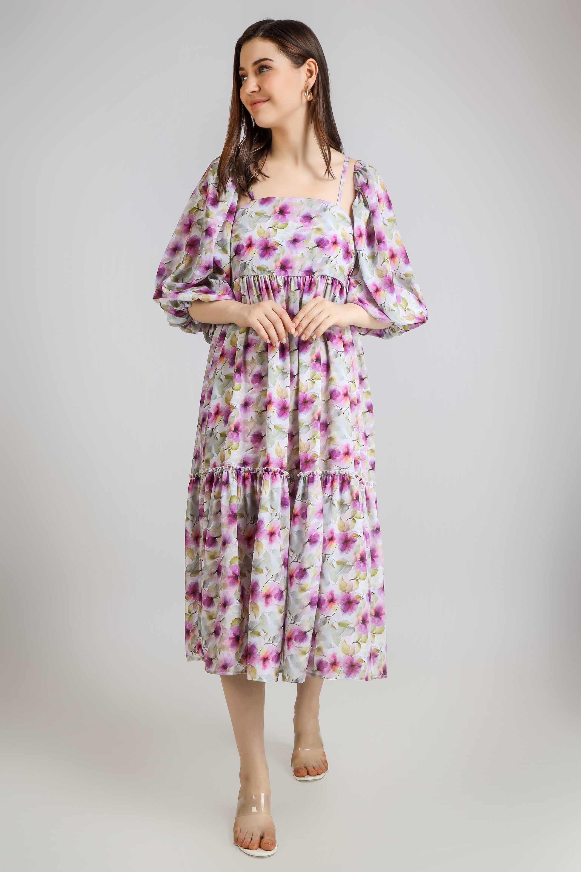 Vomendi Floral Tie and Dye Print Dress with Smocking and Detachable Sleeves
