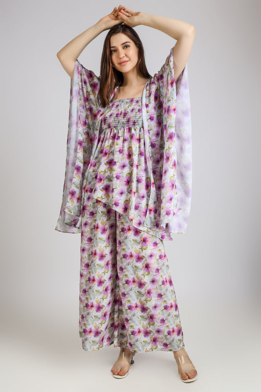 Vomendi Floral Tie and Dye Print Co-ord Set with Smocking Asymmetrical Tube Top, Pants and Shrug