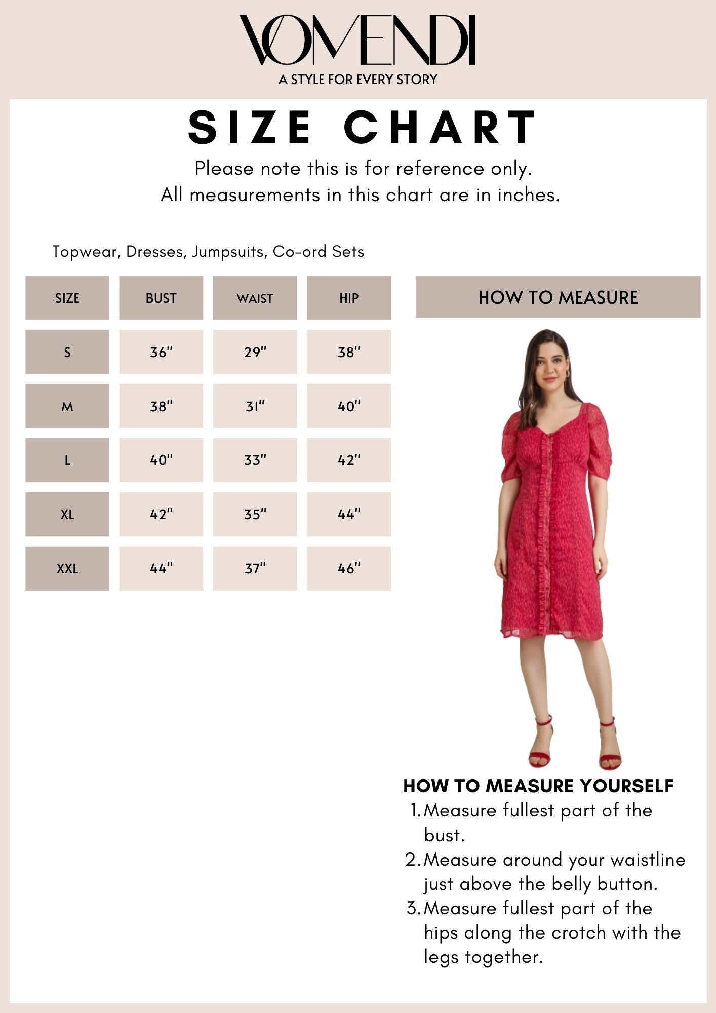 VOMENDI Brink Pink Dress with Frill on Placket; Size Chart