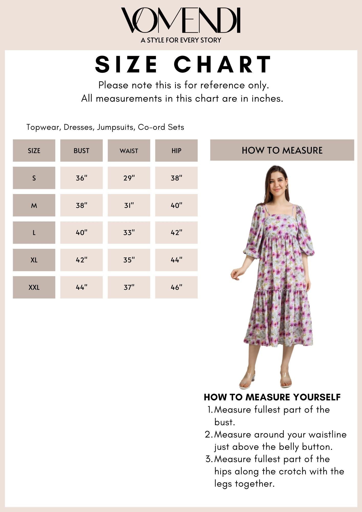 Vomendi Floral Tie and Dye Print Dress with Smocking and Detachable Sleeves ; Size Chart