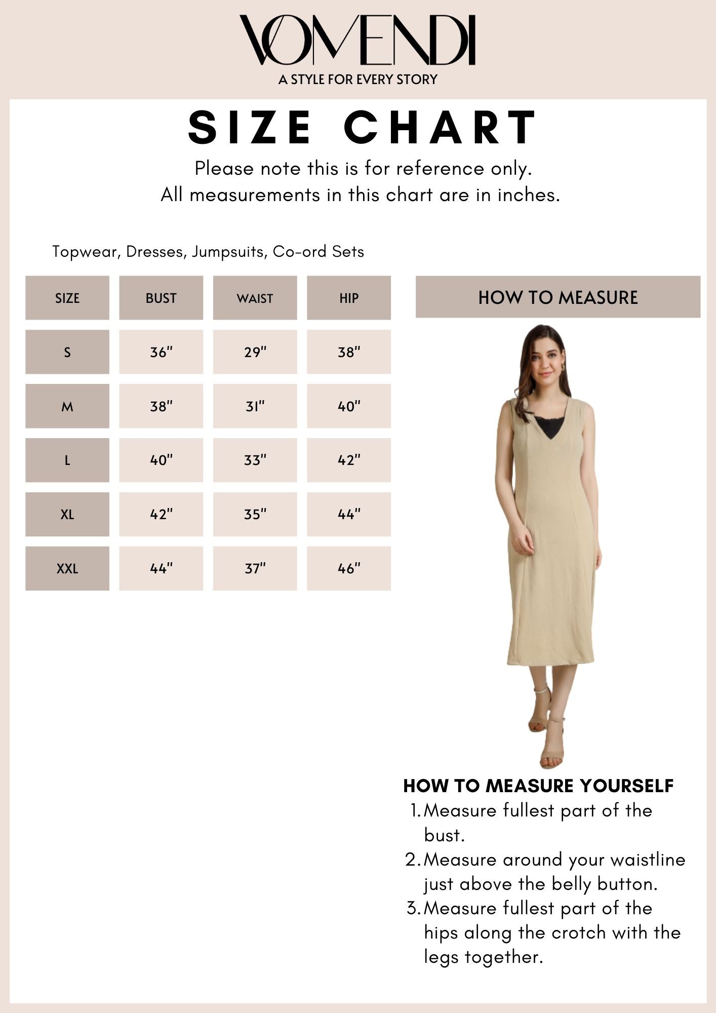 Vomendi Beige Bodycon Dress with Princess Seam and Cut Sleeves; Size Chart